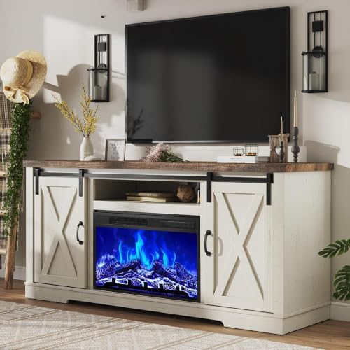 AMERLIFE Living Room Furniture Set, 63" White TV Stand with Fireplace