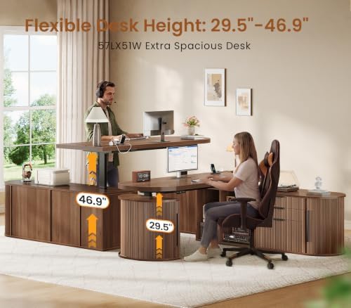 SEDETA 57" L Shaped Standing Desk with Storage, Electric Height Adjustable Curved Executive Desk, Fluted Desk with Drawers & Power Strip for Home Office, Brown