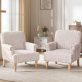 HUIMO Linen Fabric Accent Chairs Set of 2, Mid-Century Modern Armchair with Solid Wood Legs, Single Sofa Chair,Upholstered Reading Club Chair (2, Brown and White Stripe)
