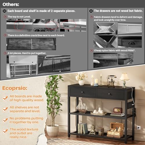Ecoprsio Entryway Table with Outlets and USB Ports, Console Table with 2 Drawers, Small Sofa Table with Storage Shelves for Living Room, Couch, Hallway, Foyer, Kitchen Counter, 32'', Black