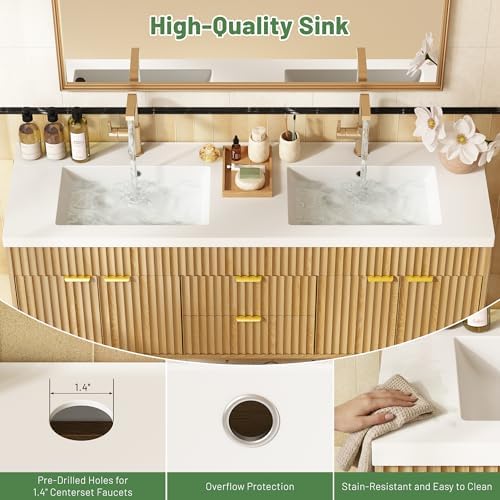 CARPETNAL 60 Inch Bathroom Vanity with Sink, Natural Oak. | Modern Fluted Large Double Sink Bathroom Vanity with Sink with 2 Storage Cabinets, Adjustable Shelf and 2 Drawers.
