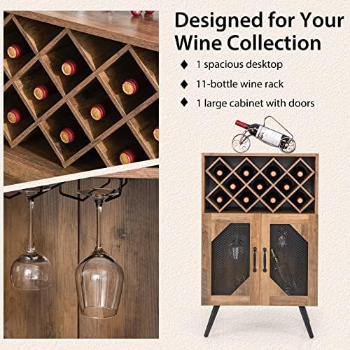 GIANTEX Farmhouse Wine Bar Cabinet with 11 Bottle Rack, Brown & Black