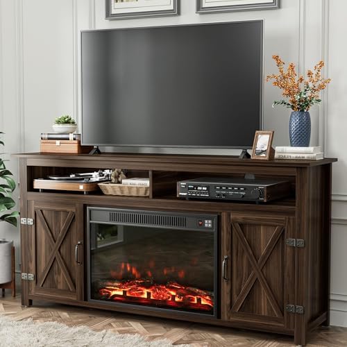 YESHOMY Farmhouse Fireplace TV Stand for Television up to 65+ Inch, Walnut