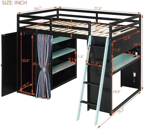 Merax Full Size Loft Bed with Desk and 6 Storage Shelves, Wardrobe, Blackout Curtain, Solid Wood Gaming Loft Bed Frame with USB Port & RGB Lights, No Box Spring Needed, Space-Saving, Black+Blue