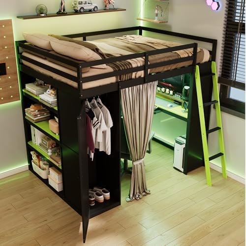 Merax Full Size Loft Bed with Desk and 6 Storage Shelves, Wardrobe, Blackout Curtain, Sturdy Wood Gaming Loft Bunk Bed Frame with USB Port & RGB Lights, No Box Spring Need, Space-Saving, Black+Green