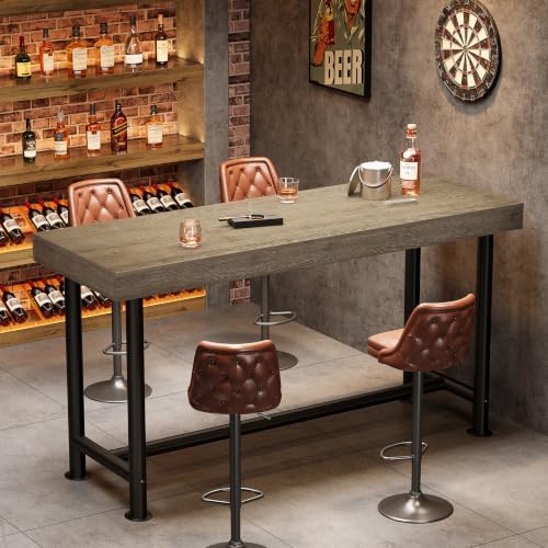 63" Solid Wood Bar Table, Long Counter Height Pub Top Table, Narrow Dining Breakfast Bar Units with Metal Sturdy Legs for Home Kitchen, Living Room, Bistro, Easy to Assemble