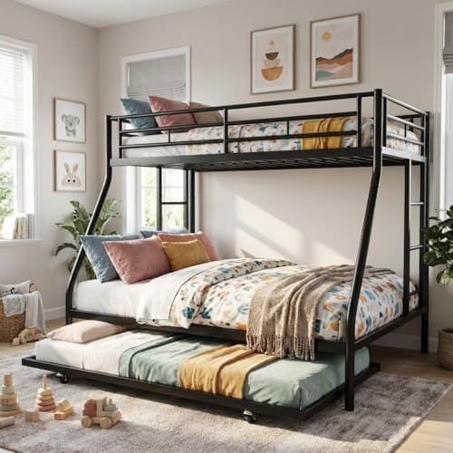 Nuturelly Twin Over Full Bunk Bed with Trundle, 400 lbs Capacity, Black