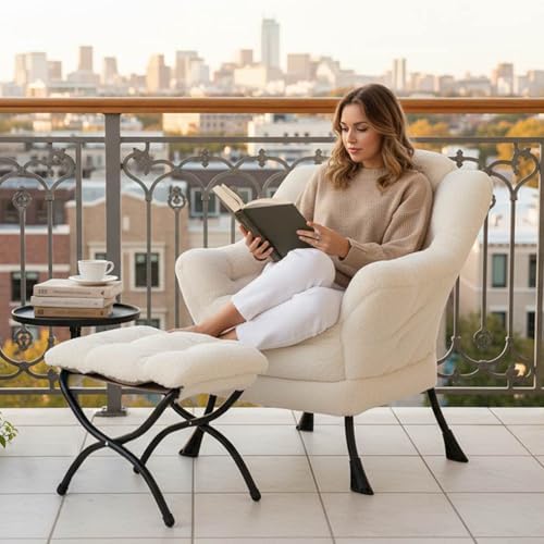 Tiita Lazy Chair with Ottoman, Comfy Reading Accent Chair, Plush Beige