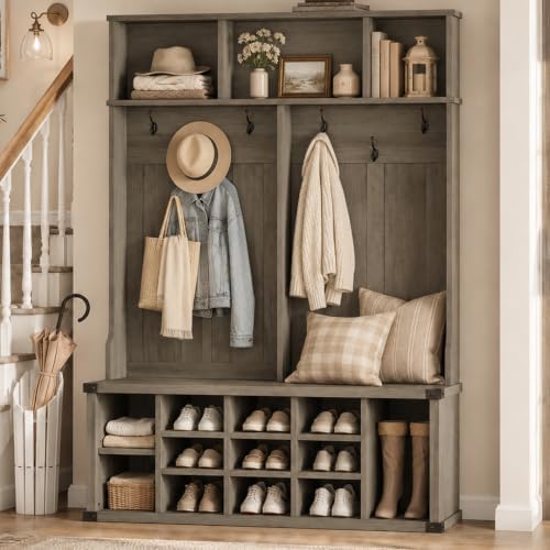 Garvee Farmhouse Entryway Hall Tree with Bench, Shoe Storage & Coat Rack