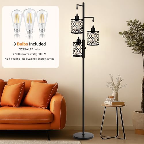ROTTOGOON Dimmable Farmhouse Floor Lamp, Industrial Floor Lamp for Living Room with 3 X 6W LED Bulbs, 3 Light Rustic Standing Tall Lamp for Bedroom, Office, 68"