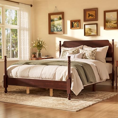 Vintage Wood Queen Bed Frame, Traditional Spindle Platform Bed with Tall Headboard, Dark Walnut Antique Style 4-Poster Design, Under Bed Storage, No Box Spring Needed (Dark Walnut, Queen)