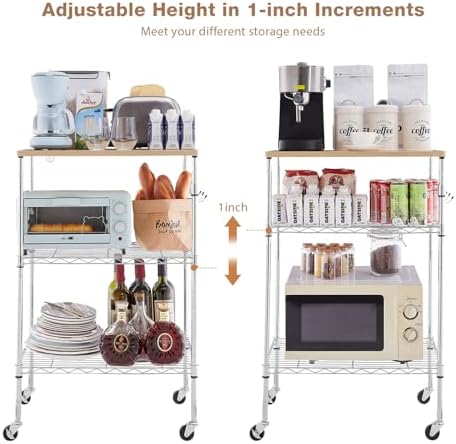 BolDuck 450Lbs Capacity Microwave Cart with Wheels, 3 Tier Rolling Cart with Adjustable Shelves, Multifunctional Metal Utility Storage Kitchen Carts on Wheels, 23.6" L*15.7" W*37" H, Wood+Chrome