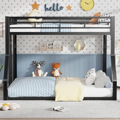 PVWIIK Queen Over King Bunk Bed with Guardrails,Black