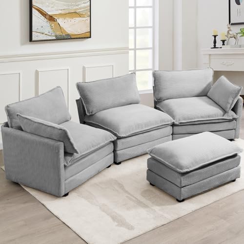ROWHY 112'' Modular Sectional Cloud Couch with Movable Ottoman, 4 Seat Modern Corduroy Sofa, Deep Seat L Shaped Couch for Living Room Bedroom Apartment,Light Grey