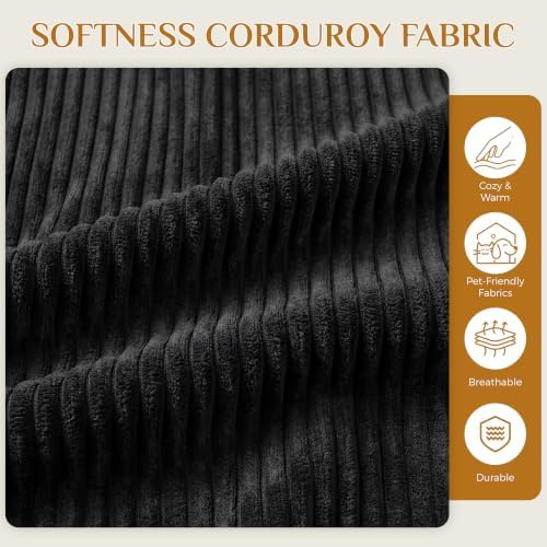 115" U Shaped Cloud Couch Modular Sectional Sofa, Comfy Fluffy Corduroy Black Boneless Sectional Couches for Living Room, Modern Cloud Sofas with Ottomans & Memory Foam, Black