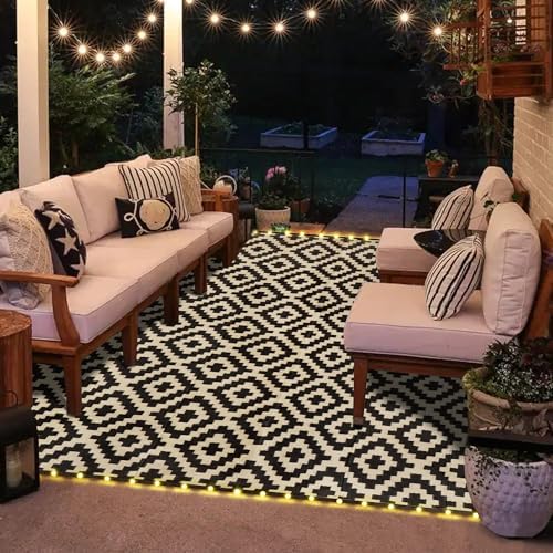 SAND MINE Reversible Mats with Led Strip Lights, Plastic Straw Rug, Modern Area Rug, Large Floor Mat for Outdoors, Patio, Backyard, Deck, Picnic, Camping, Black & Beige, 8' x 10'
