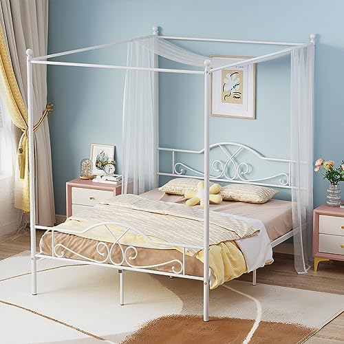Full Canopy Bed Frame with 4 Posters, Full Size Bed for Kids Girls Adults