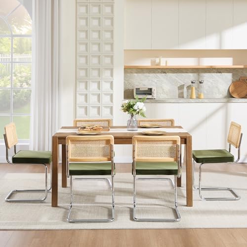 Zesthouse Natural Rattan Dining Chairs Set of 6, Olive Green Modern Kitchen Chairs with Solid Wood Back & Chrome Base, Mid Century Breuer Design Inspired, Upholstered Luxurious Velvet Fabric