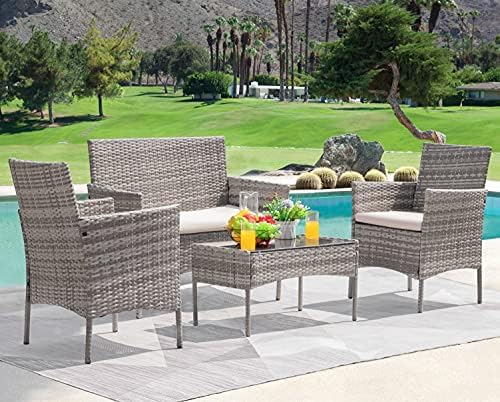 Greesum Patio Furniture 4 Pieces Conversation Sets,Gray and Beige
