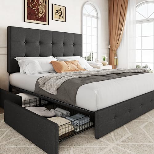 Allewie Full Size Storage Bed Frame with 4 Underbed Drawers, Upholstered Platform Bed with Adjustable Headboard, Square Button Tufted, Easy Assembly, Noise-Free, No Box Spring Needed, Dark Grey