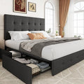Allewie Queen Size Storage Bed Frame with 4 Underbed Drawers, Upholstered Platform Bed with Adjustable Headboard, Square Button Tufted, Easy Assembly, Noise-Free, No Box Spring Needed, Dark Grey