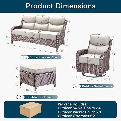 Luxury 7 Pieces Outdoor Patio Furniture Set-All Weather Wicker Outdoor Furniture with Swivel Rocker Patio Chairs 6-inch Extra Thick Cushions Wicker Conversation Set for Garden Porch(Brown/Beige)