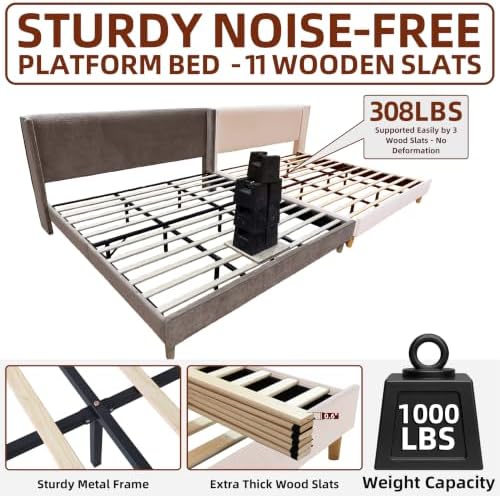 King Corduroy Upholstered Platform Bed with Headboard Wingback, Beige