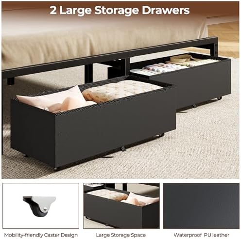 Furnulem Full Size Bed Frame with PU Upholstered Headboard and 2 Drawers