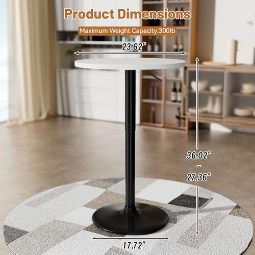 Flamaker Round Bistro Pub Table 23.6 Inch Height Adjustable 360° Swivel Bar Table Metal Base for Pub, Dining Room, Party (1, White-Black)