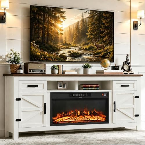 Fireplace TV Stand with Barn Door, 80 inch,Modern White