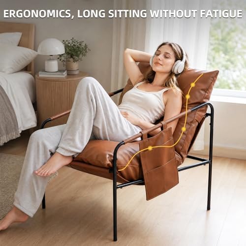 TOLVIN Modern Accent Chair, Comfy Armchair, Waterproof Living Room Chair with Storage Pocket,Upholstered Lounge Chairs with Metal Frame for Reading Nook, Bedroom, Dorm, Office, Brown