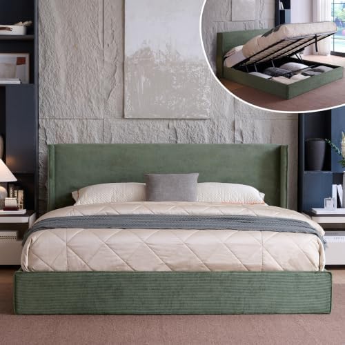 King Lift Up Storage Bed, Corduroy Platform Bed with Headboard, Turtle