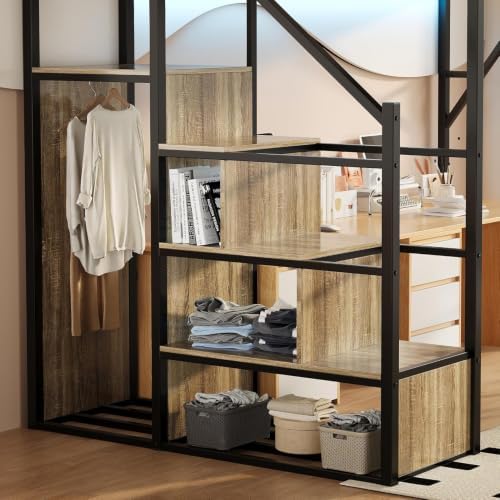 Full Size Metal Loft Bed with Storage Stairs, Wardrobe & Charging Station