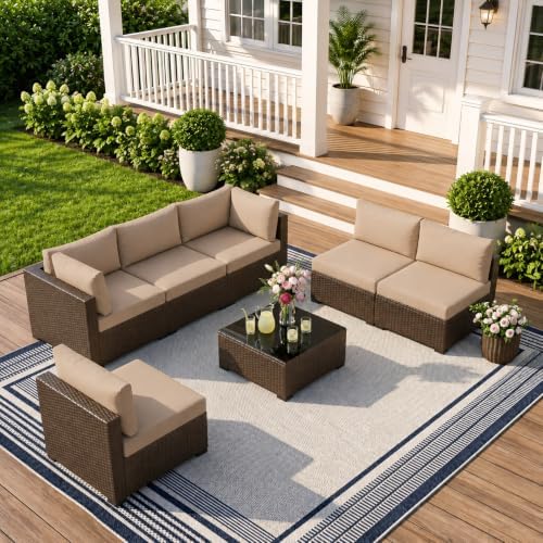 LOUVIXA 7 Piece Outdoor Patio Furniture Set, Outdoor Sectional Sofa, Wicker Rattan Patio Furniture, Patio Conversation Set with Coffee Table & Cushions