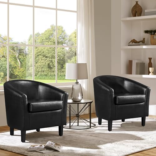 Yaheetech Accent Chairs Set of 2, Faux Leather Barrel Armchairs Black
