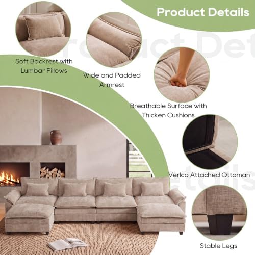 Oprisen 154" Modular Sectional Sofa, Comfy Deep Cloud Couch with Ottoman