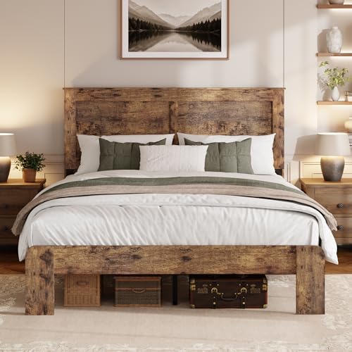 Full Size Farmhouse Wood Bed Frame with Panel Headboard, Brown