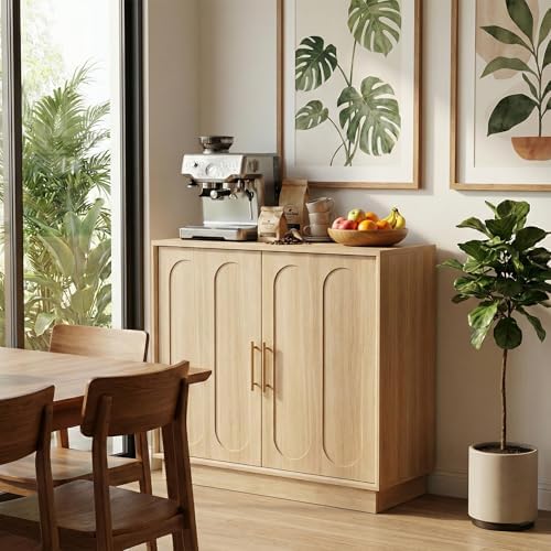 holzart 31.5" Modern 2 Door Storage Cabinet, Light Oak Sideboard Buffet Cabinet with Gold Handles, Fluted Wood Accent Cabinet for Living Room, Entryway Console, Home Office Printer Stand