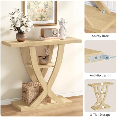 FAVOOSTY 39.4" Entryway Table, 3 Tier Hallway Table, Console Tables for Living Room, Narrow Entrance Table with Storage, Sofa Table Behind Counch, Accent Table for Entry Foyer, Natural Brown
