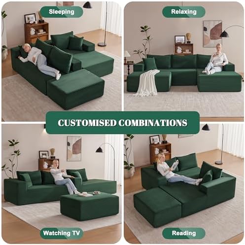 Mangodan 110” Cloud Sectional Couch, Boneless Sofa for Living Room, Modular Sectional Sofa with Deep Seat, Comfy Fluffy U-Shaped Couch with Right-Facing Chaise, No Assembly Required, Green