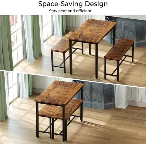 Tatub Dining Table Set for 4, 3-Piece Kitchen Table with 2 Benches, Space-Saving Dining Room Set for Breakfast Nook and Small Spaces, Brown