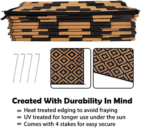 SAND MINE Reversible Mats, Plastic Straw Rug, Modern Area Rug, Large Floor Mat and Rug for Outdoors, RV, Patio, Backyard, Deck, Picnic, Beach, Trailer, Camping, Black & Brown, 9' x 18'