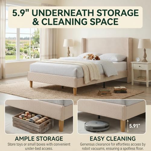 Twin Corduroy Upholstered Platform Bed with Headboard Wingback, Beige