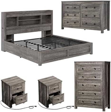 LUXOAK 5 Piece Farmhouse Bedroom Set, King Size Storage Bed & Dresser, Grey