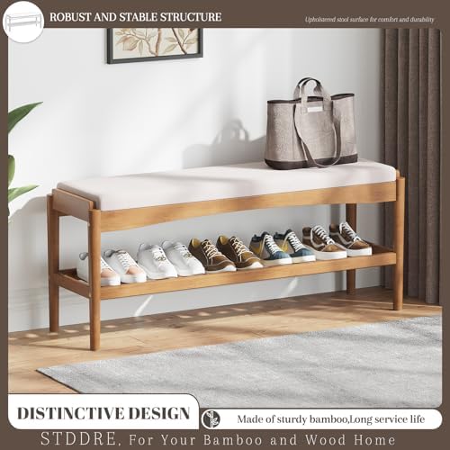 STDDRE Shoe Bench Entryway Bamboo 2-Tier Shoe Rack with Cushion Padded Seat Shoe Bench Organizer Stable for Entry, Hallway, Living Room, Bedroom, Closet (39.4 * 11.4 * 16.5IN, Brown-Beige)