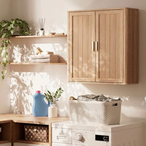 INNOD Bathroom Storage Wall Cabinet, Over the Toilet Storage Cabinet Above Toilet Storage, Medicine Cabinet with Adjustable Wood Shelf & Doors for Laundry Room & Kitchen & Living Room (Natural Oak)