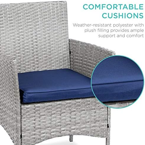 Best Choice Products 3-Piece Outdoor Wicker Conversation Bistro Set, Space Saving Patio Furniture for Garden w/Side Table - Gray/Navy
