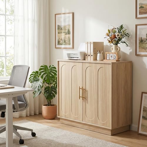 holzart 31.5" Modern 2 Door Storage Cabinet, Light Oak Sideboard Buffet Cabinet with Gold Handles, Fluted Wood Accent Cabinet for Living Room, Entryway Console, Home Office Printer Stand