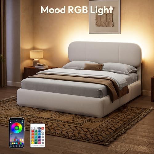 Full Size Bed Frame with Storage, Boucle Cloud Bed with 4 Locking Drawers & LED Lights, Modern Upholstered Platform Bed, Plush Sides & Footboard, Adjustable Headboard, No Box Spring, Cream