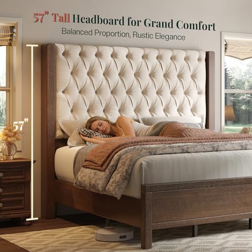 Jocisland King Size Solid Wood Bed Frame,57" Wingback Headboard,Walnut
